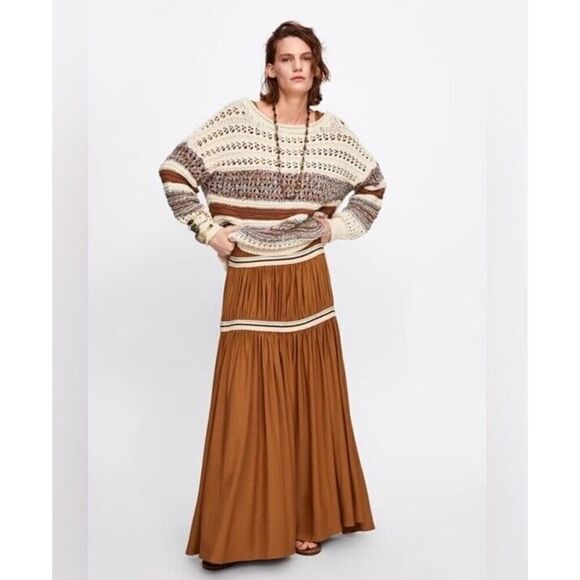 Zara XS-S Italian Yarn Cream & Brown Striped Crocheted Tunic Length Sweater - Picture 3 of 13